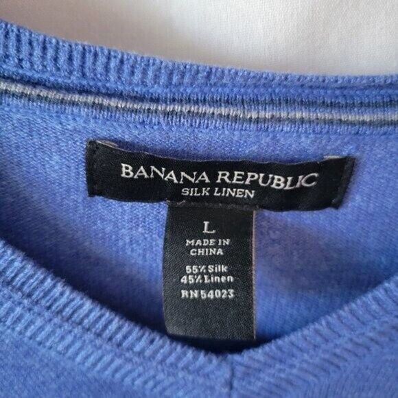 Banana Republic LARGE Silk Linen blend Sweater Blue V-neck soft stretchy Unisex - Picture 6 of 9